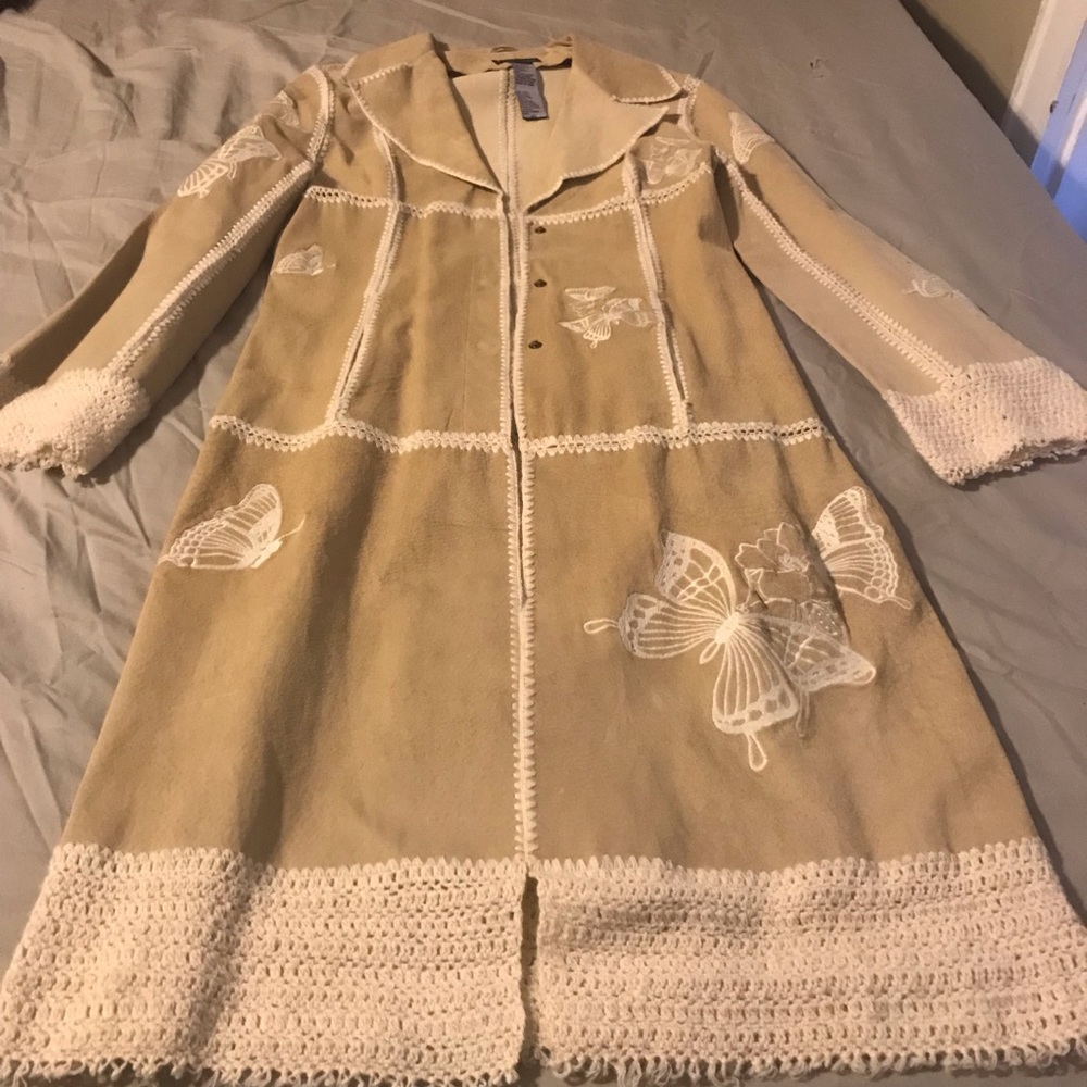 Bebe XS long light coat jacket leather butterfly